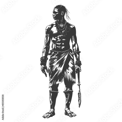 Spear-Wielding Tribal Warrior: Ink Sketch Illustration, African or Indigenous Figure.