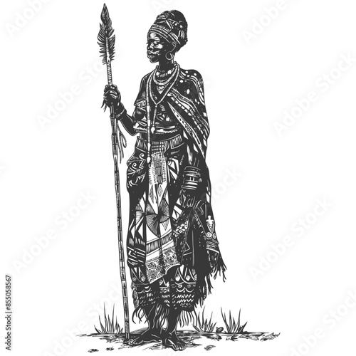 Engraved African Woman with Baby, Headdress, and Spear, Traditional Attire.