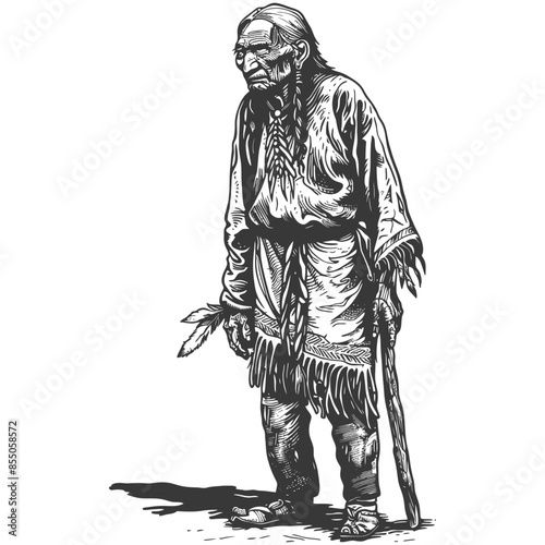 Ink Sketch: Elderly Native American with Braids, Traditional Dress, and Walking Stick.