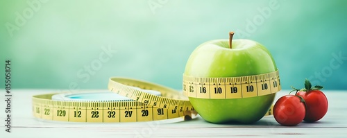 healthy weight management a green apple and a measuring tape sit on a transparent background next to a red tomato, with a brown stem visible in the background photo