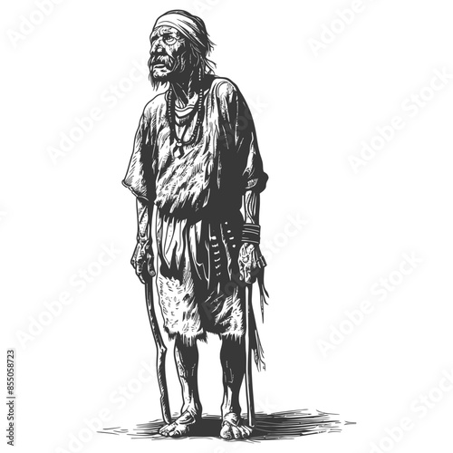 Worn Traveler: Crosshatched Illustration of Elderly Man with Walking Sticks and Headscarf