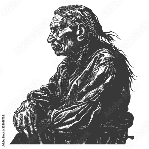 Aged Native American elder, detailed etching portrait, weathered face, traditional wisdom.