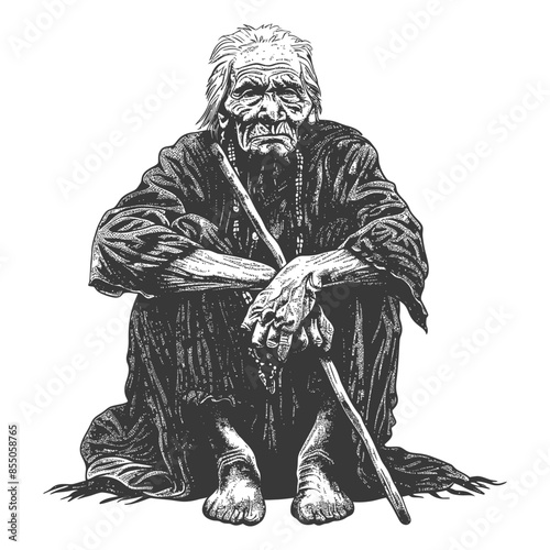 Crone with Walking Stick: Intricate Engraving of an Aged Woman Seated, Isolated.