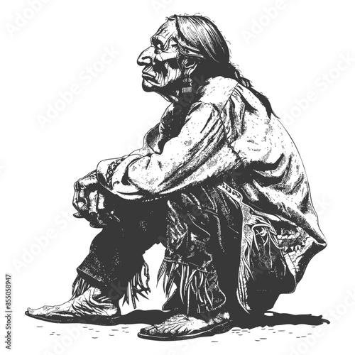 Native American Elder, Seated in Profile, Detailed Pen and Ink Illustration