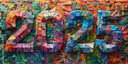 Colorful 2023 Papercraft Art with Floral and Geometric Patterns