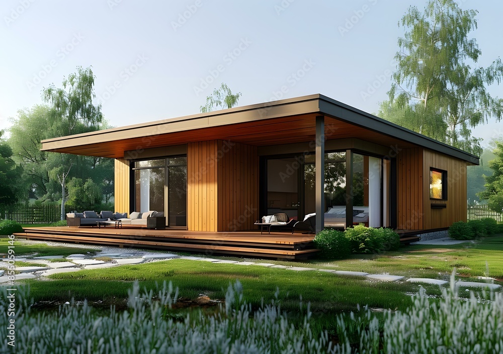 Small wooden house with large glass windows and a wooden deck surrounded by trees and plants Small wooden house with large glass windows and a wooden deck surrounded by trees and plants