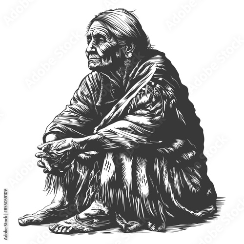 Ink Sketch: Elderly Indigenous Woman Sitting, Deep in Thought, Traditional Blanket.