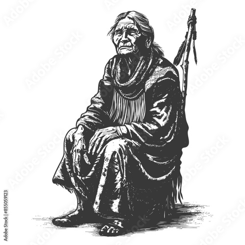 Indigenous Elder Woman, Seated with Burden Basket, Etched Portrait.