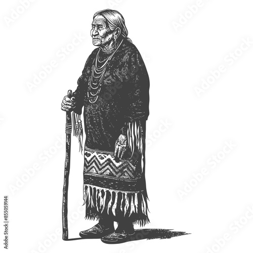Native American Elder Woman with Walking Stick, Textured Illustration