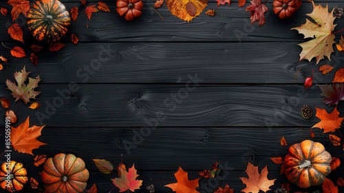 autumn frame with colorful leaves and pumpkins on black wood thanksgiving harvest border illustration