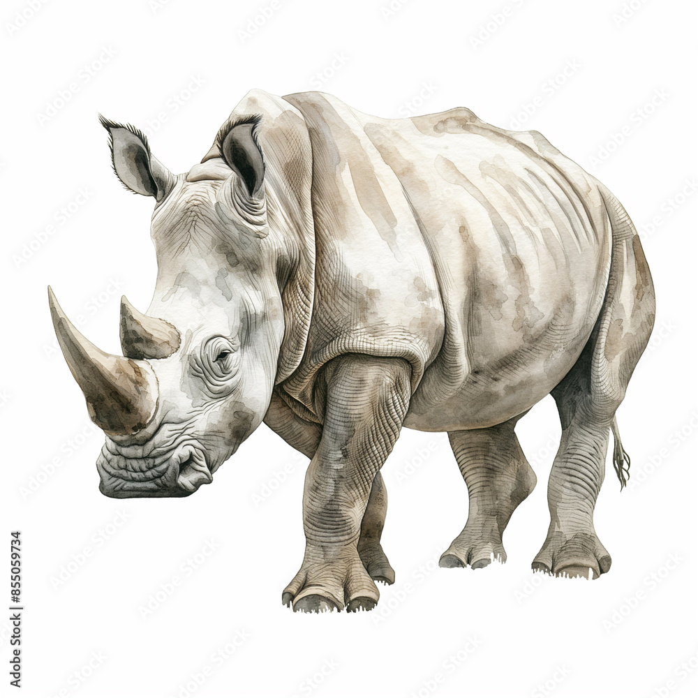 Obraz premium Rhinoceros. Watercolor illustration style. Isolated on a bright white background. Creative and conceptual wildlife animal art. Illustration can be used for a poster, card, wall decoration.