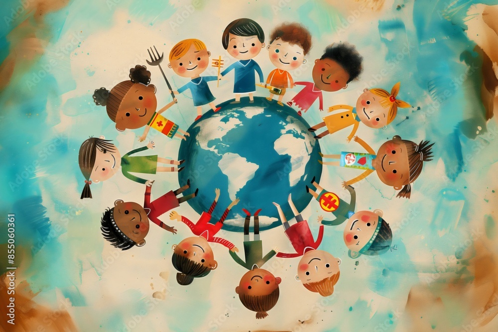 Naklejka premium Kids illustration circle of diverse children gathered around globe, collective support and unity for child rights