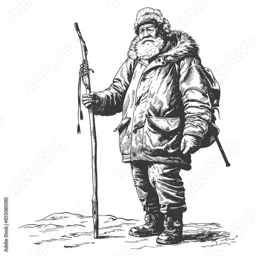 Winter Wanderer: Hand-drawn sketch of a bearded man in fur hat and parka with hiking stick.