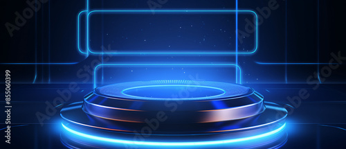 Abstract realistic 3D blue cylinder pedestal podium with neon blue background, modern presentation concept.