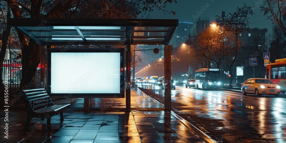 Nighttime Bus Stop with Blank Billboard Nighttime Bus Stop with Blank Billboard