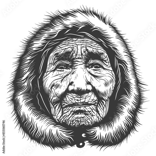 Elderly Inuit Woman in Fur Hood, Detailed Engraving Style Portrait.