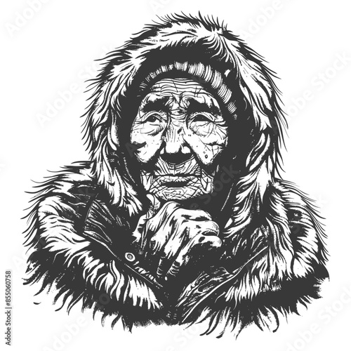 Aged Inuit Woman, Fur Hood, Detailed Vector Portrait, Monochromatic Illustration, Cold Climate.