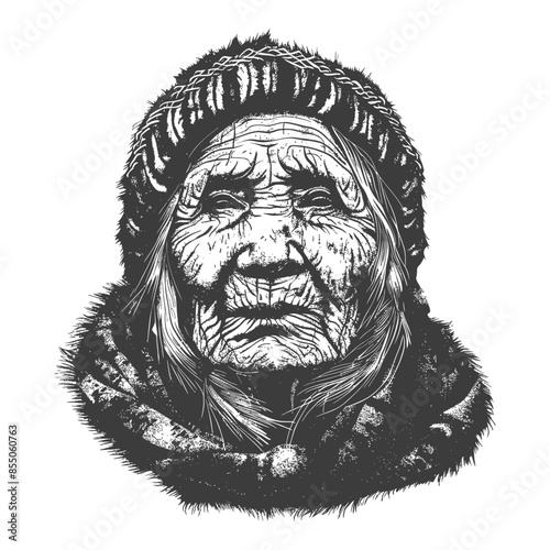 Wise Elder: Engraved Portrait of a Woman in Traditional Winter Attire.