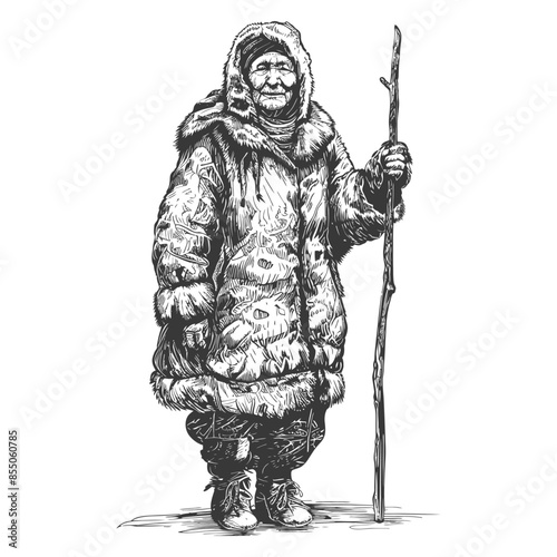 Eskimo Elder: Winter Portrait with Walking Stick (Ink Sketch)