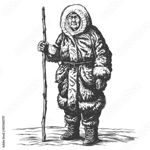 Eskimo Elder: Fur-Clad Figure with Walking Stick, Engraving Style.