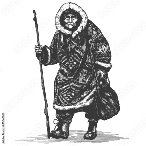 Eskimo Elder, Detailed Engraving: Arctic Wanderer with Staff.
