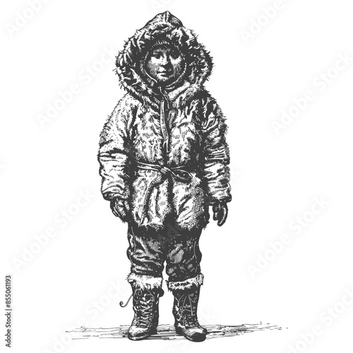 Engraving of a young child in a traditional, fur-trimmed winter parka.