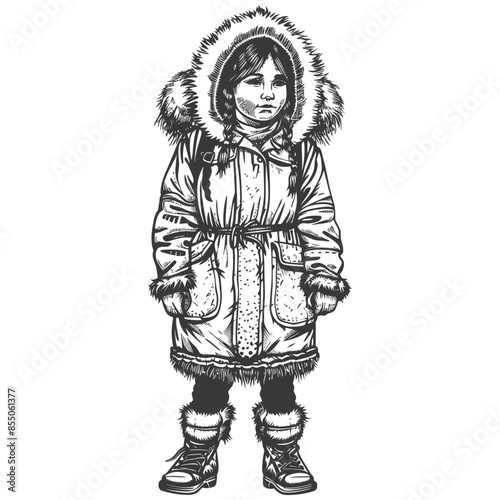 Eskimo Girl in Fur-Trimmed Parka, Hand-Drawn Vintage Illustration.