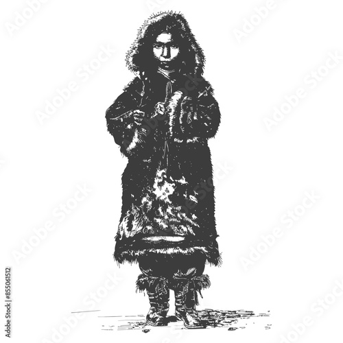 Eskimo Child Portrait: Vintage Illustration of Inuit Kid in Fur Hooded Parka, Antique Ethnic Culture.
