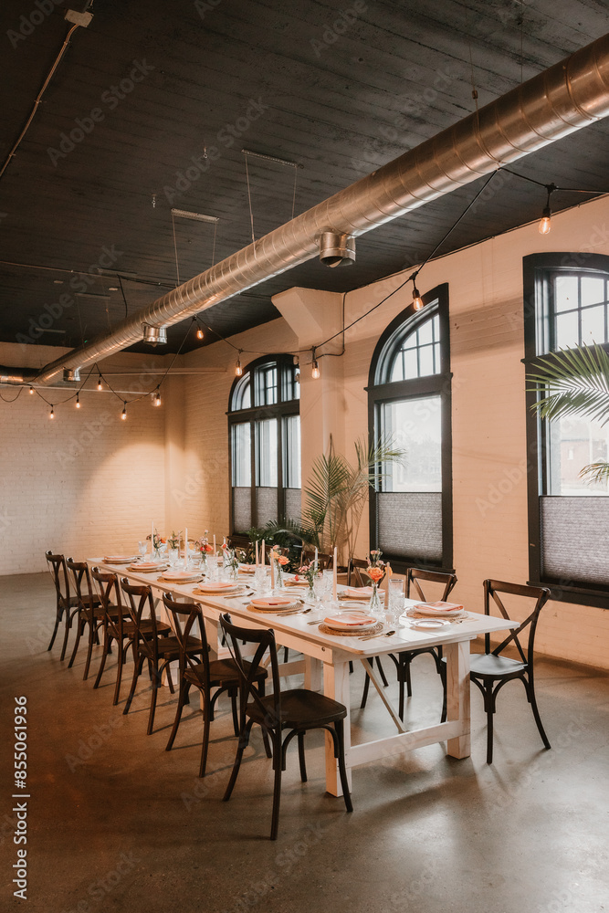 Fototapeta premium Industrial-style wedding reception table setup