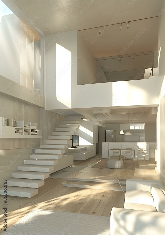 Fototapeta premium Modern Minimalist Loft Interior Design With Wooden Floor And White Staircase