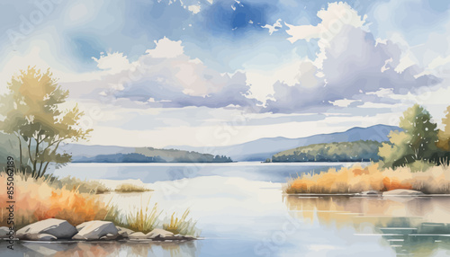 Serene Lake Scene with Mountains and Clouds