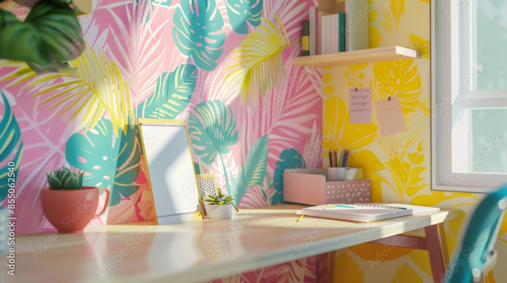 Bright and vibrant home office featuring tropical leaf wallpaper, a wooden desk, potted plants, and natural sunlight from the window. Bright and vibrant home office featuring tropical leaf wallpaper, a wooden desk, potted plants, and natural sunlight from the window.