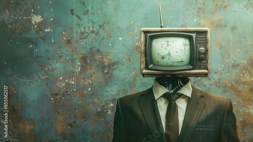 businessman with vintage tv instead of head surreal concept digital illustration