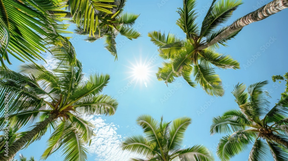 A sunny tropical background with palm trees and a blue sky. A view from below, A sunny tropical background with palm trees and a blue sky. A view from below,
