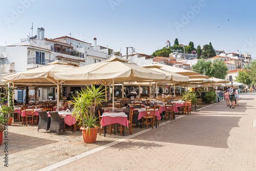Restaurants on the waterfront of Skiathos town on the island of Skiathos in Greece