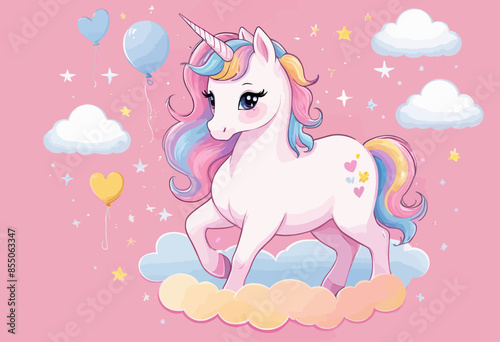 Vibrant Unicorn Illustration with Rainbow Clouds and Stars