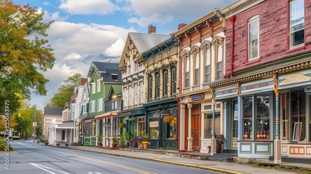 Naklejka premium charming small town main street with ornate historic storefronts nostalgic americana architectural landscape photography