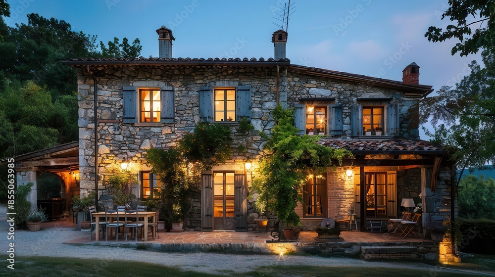 Naklejka premium charming stone facade house bathed in warm evening light exterior view
