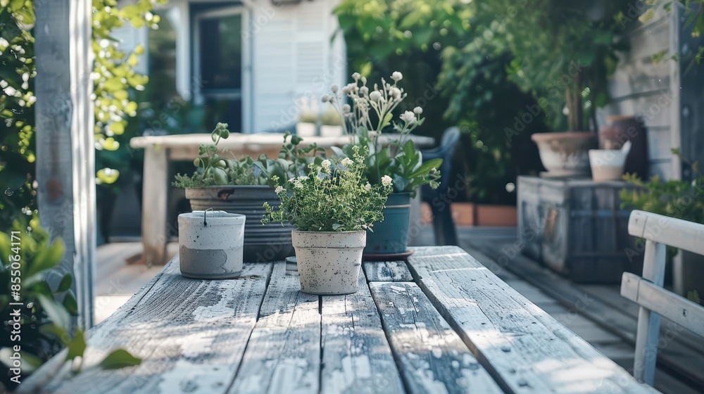 charming whitewashed wooden patio table with potted plants outdoor garden relaxation setting charming whitewashed wooden patio table with potted plants outdoor garden relaxation setting