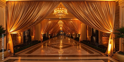 Luxurious Golden Hallway with Elegant Chandelier Lighting