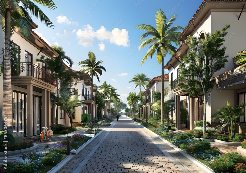 Palm Tree Lined Street In Front Of Homes Palm Tree Lined Street In Front Of Homes