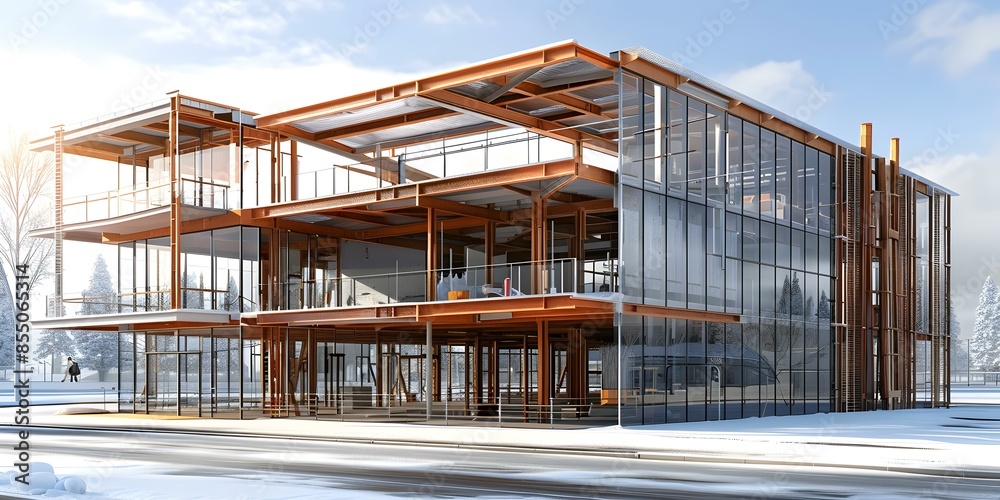 Modern office building made of glass and steel with an orange internal structure
