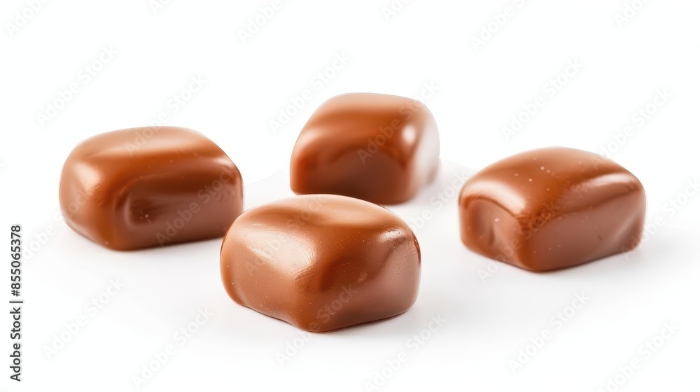 closeup of three toffee caramel candies isolated on white background sweet confectionery treats