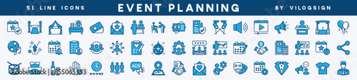 Set of event planning icon. Containing party, entertainment, birthday, celebration, wedding, festival, conference, seminar, decoration, calendar, catering, fireworks, organization and more
