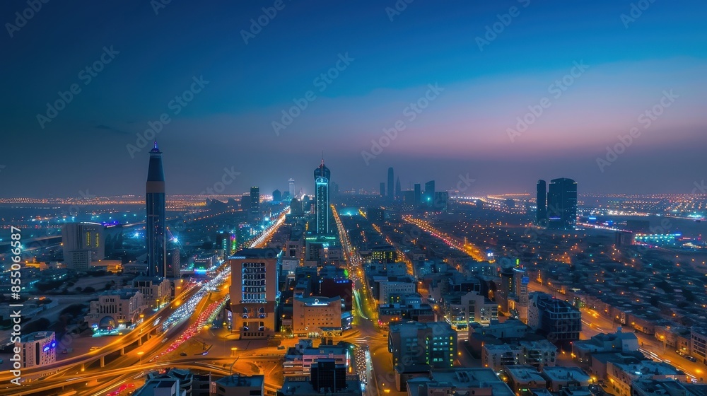 Fototapeta premium A city at night with a large building in the background. The sky is dark and the city is lit up with lights