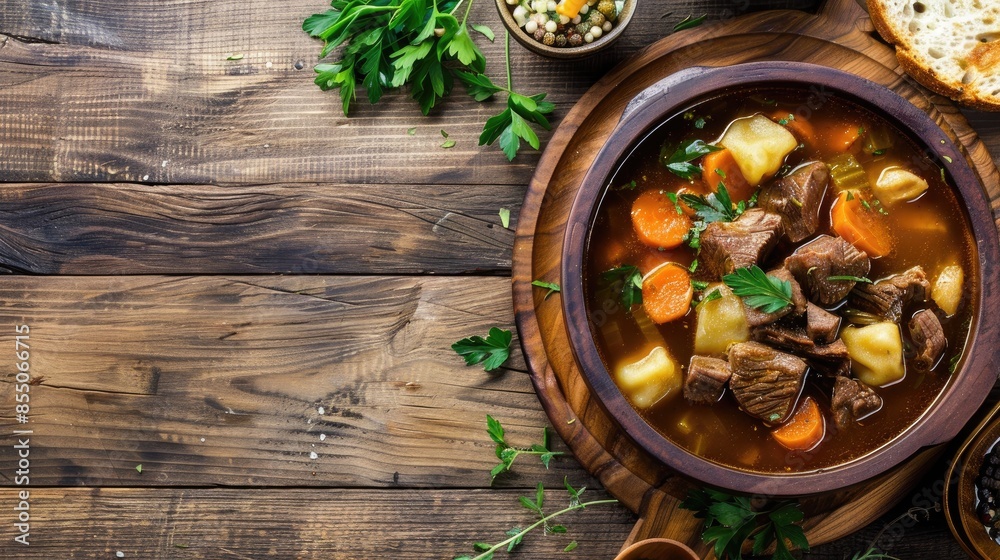 Hungarian beef and vegetable soup with dumplings on wooden table Warm meal Blank space Hungarian beef and vegetable soup with dumplings on wooden table Warm meal Blank space