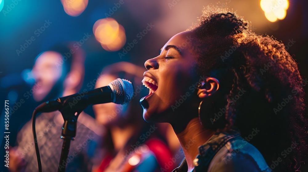 A woman singing into a microphone with a smile on her face. Concept of joy and happiness, as the woman is singing and enjoying herself A woman singing into a microphone with a smile on her face. Concept of joy and happiness, as the woman is singing and enjoying herself