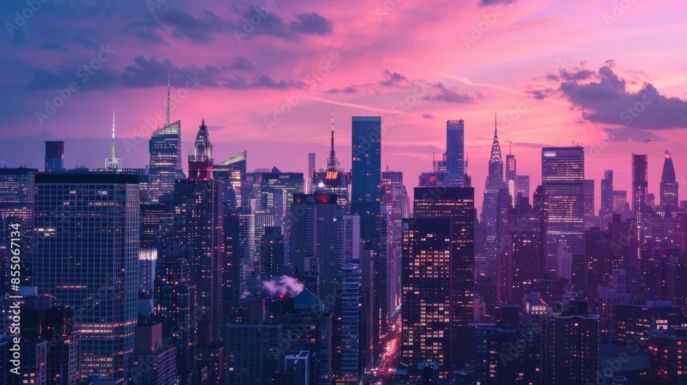 A city skyline at dusk, with iconic skyscrapers and vibrant lights coming to life as night falls A city skyline at dusk, with iconic skyscrapers and vibrant lights coming to life as night falls