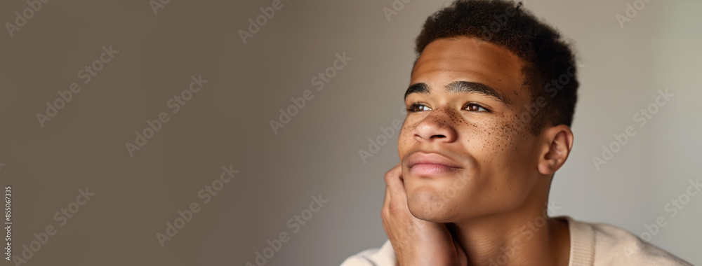 Obraz premium Young freckled man with thoughtful expression. Banner with copy space