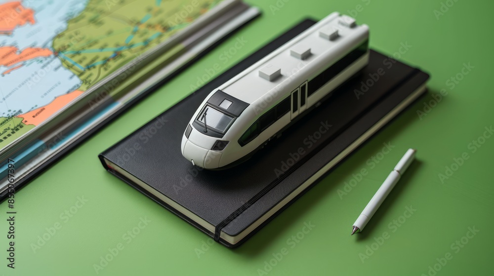 Model Train on Notebook with Map in Background and Pen Model Train on Notebook with Map in Background and Pen